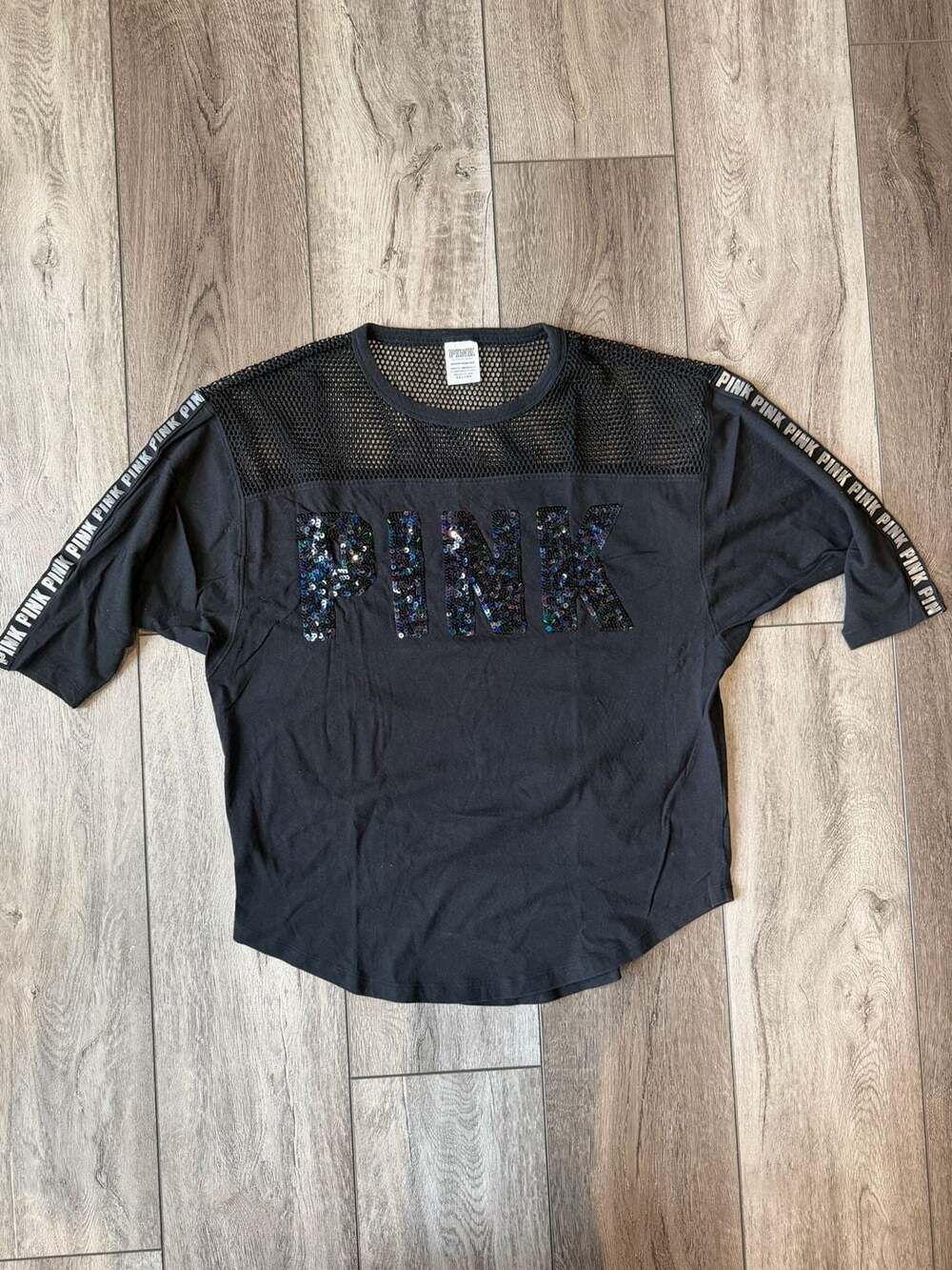 Victoria's Secret Pink Sequin Logo Jersey Top Size XS Black